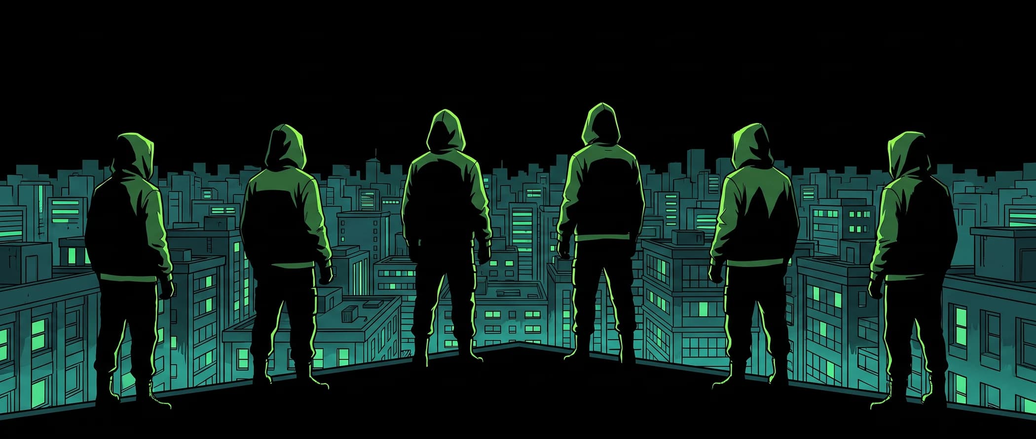 Hooded figures standing along a rooftop ridge, facing the city